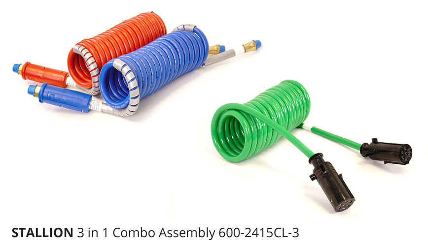 philatron stalliopn brand red and blue coiled brake air lines with 7 way abs green cable.