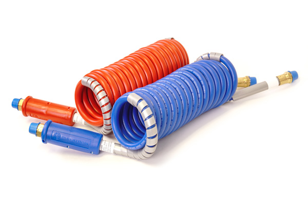 Stallion Brand Coiled red and blue set brake air lines for truck and trailers.